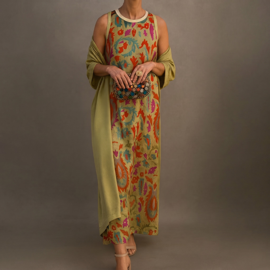 vestido Enmico  Estampado y Cárdigan Largo