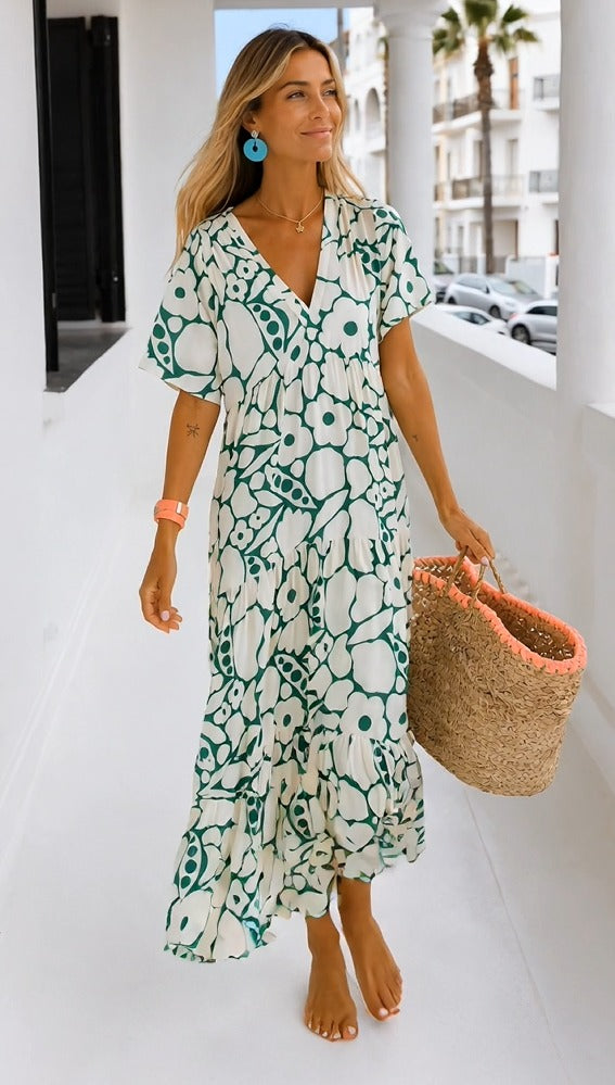 Vestido de Verano Estampado con Cuello en v