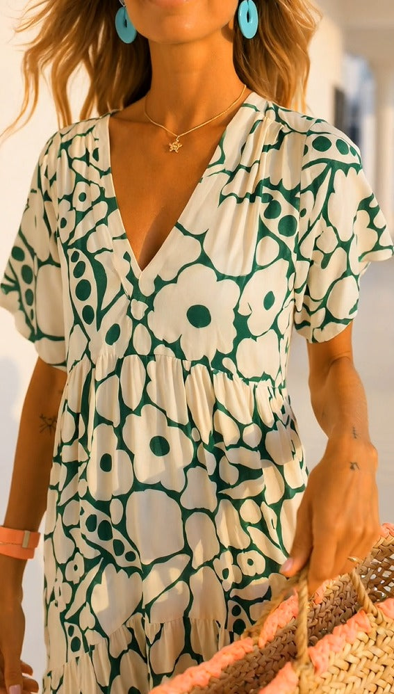 Vestido de Verano Estampado con Cuello en v
