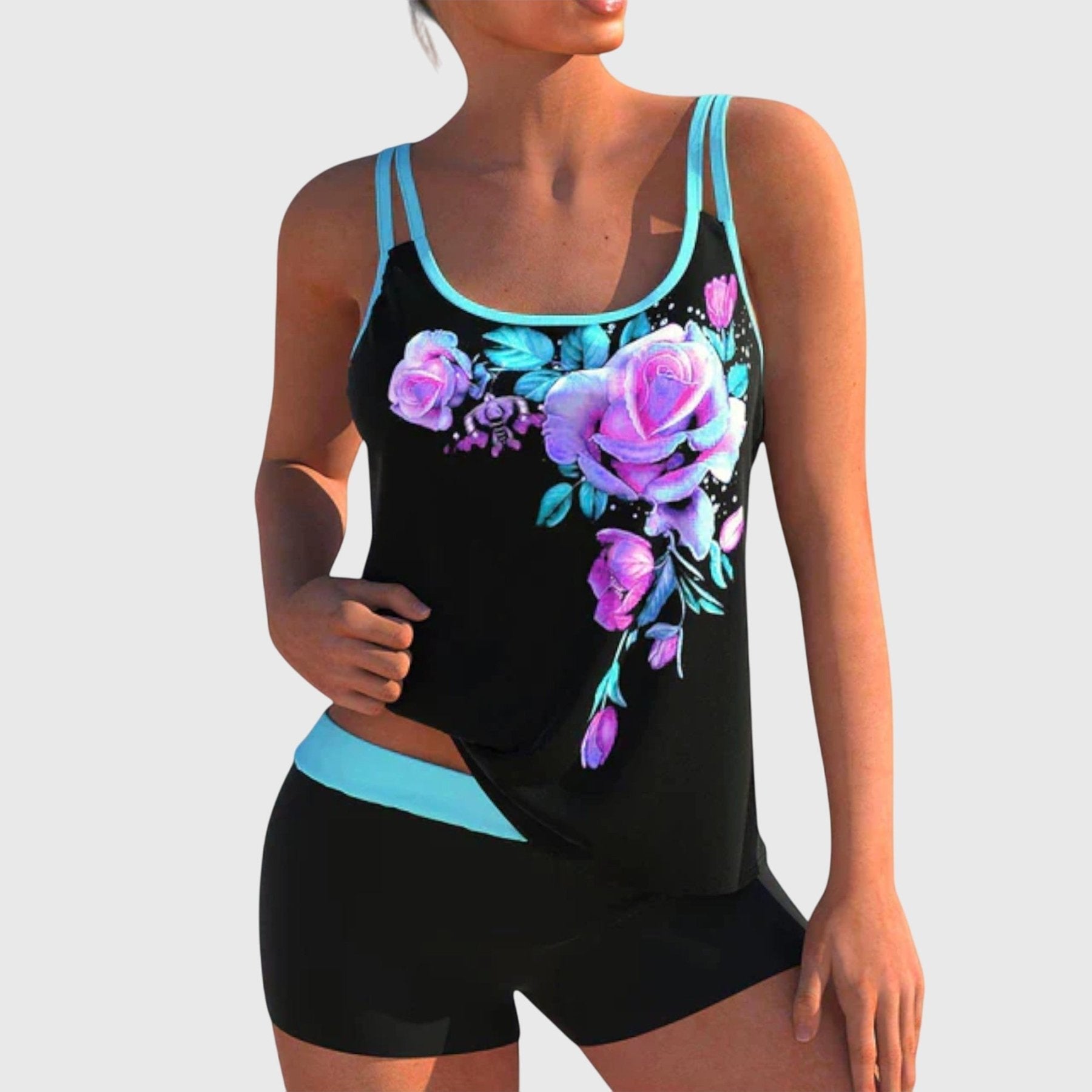 Flor – Tankini floral con short, efecto vientre plano